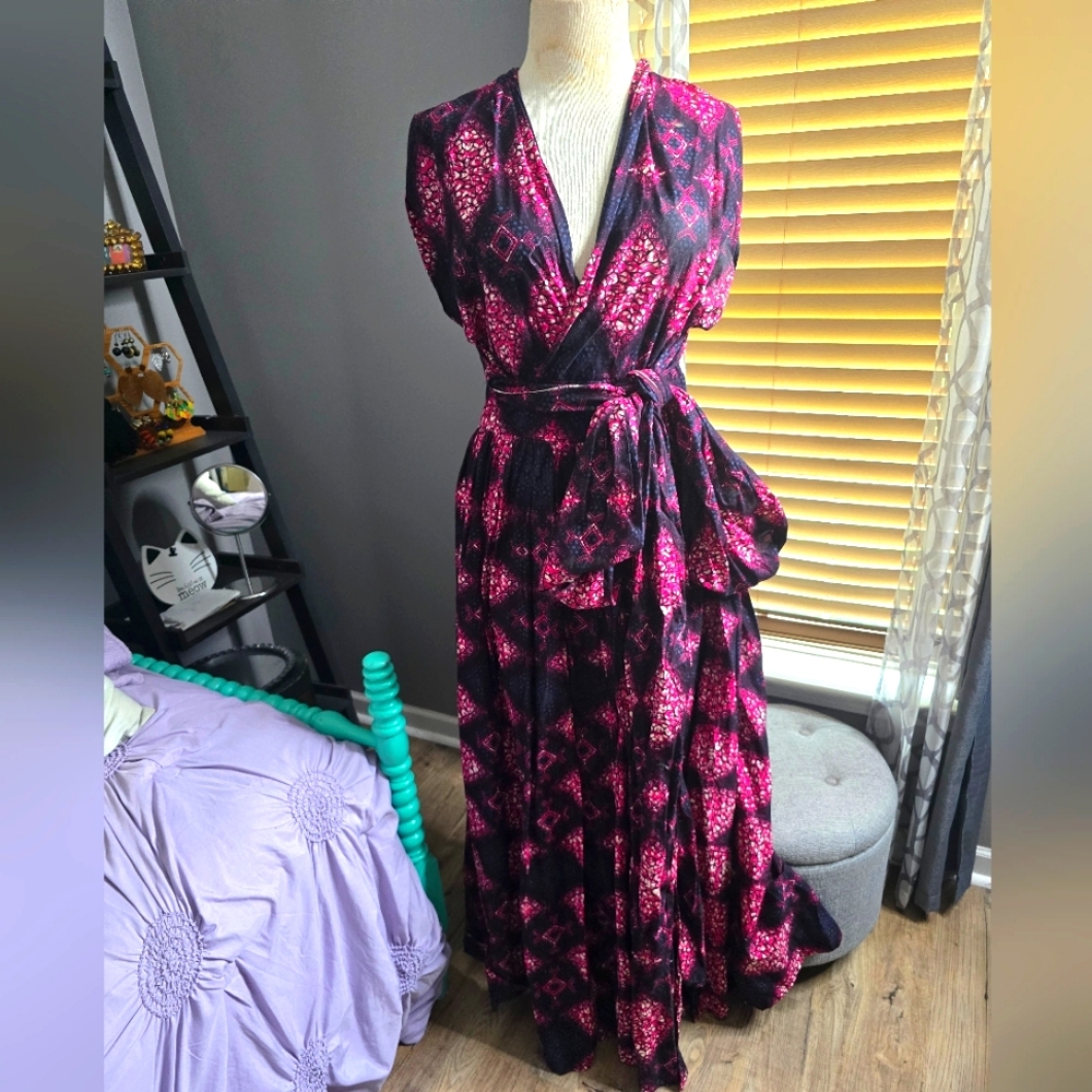 Cotton African print Maxi Wrap Dress in Black and Fuchsia